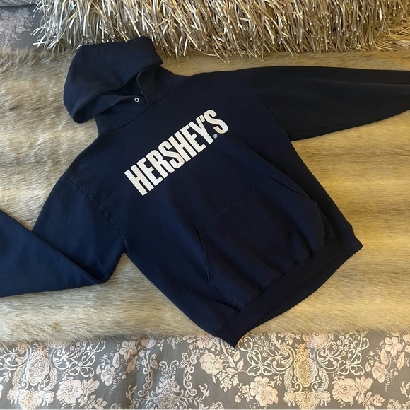 HERSHEYS by JERZEES M Navy Blue Long Sleeve Kangaroo Pocket Hoodie Sweatshirt - Picture 1 of 9